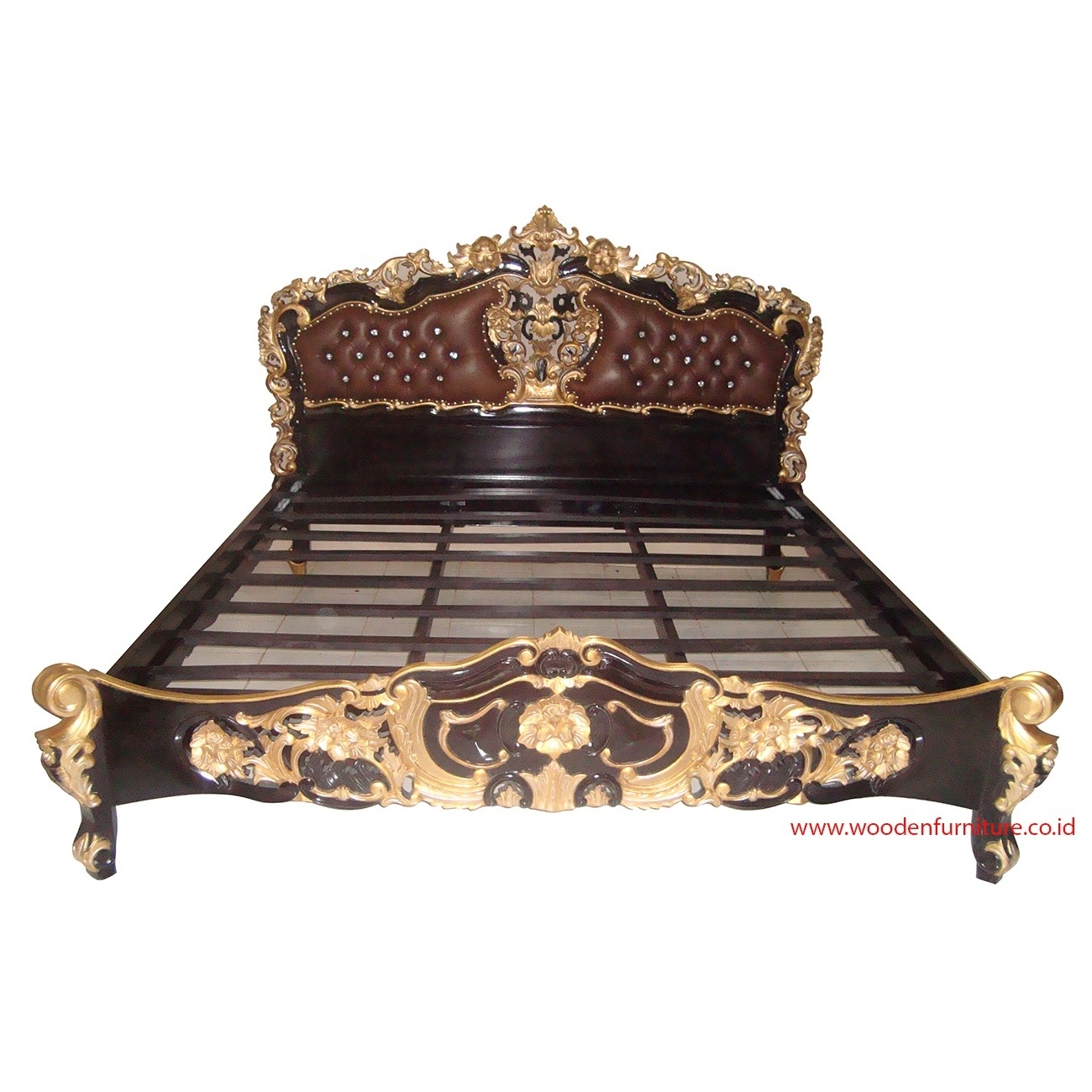 French Style Rococo Bedroom Set Upholstered and Tufted Headboard in Leather Carved in Mahogany Wood Designed For European Home