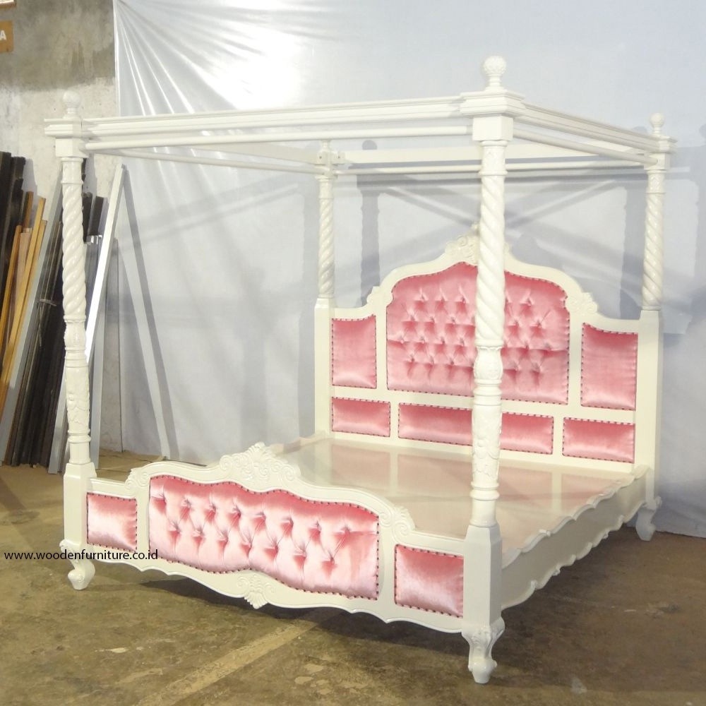 Luxury Canopy Bed in White Painted Wood and Upholstered in Velvet Custom Made for Design Interior of European Bedroom Furniture