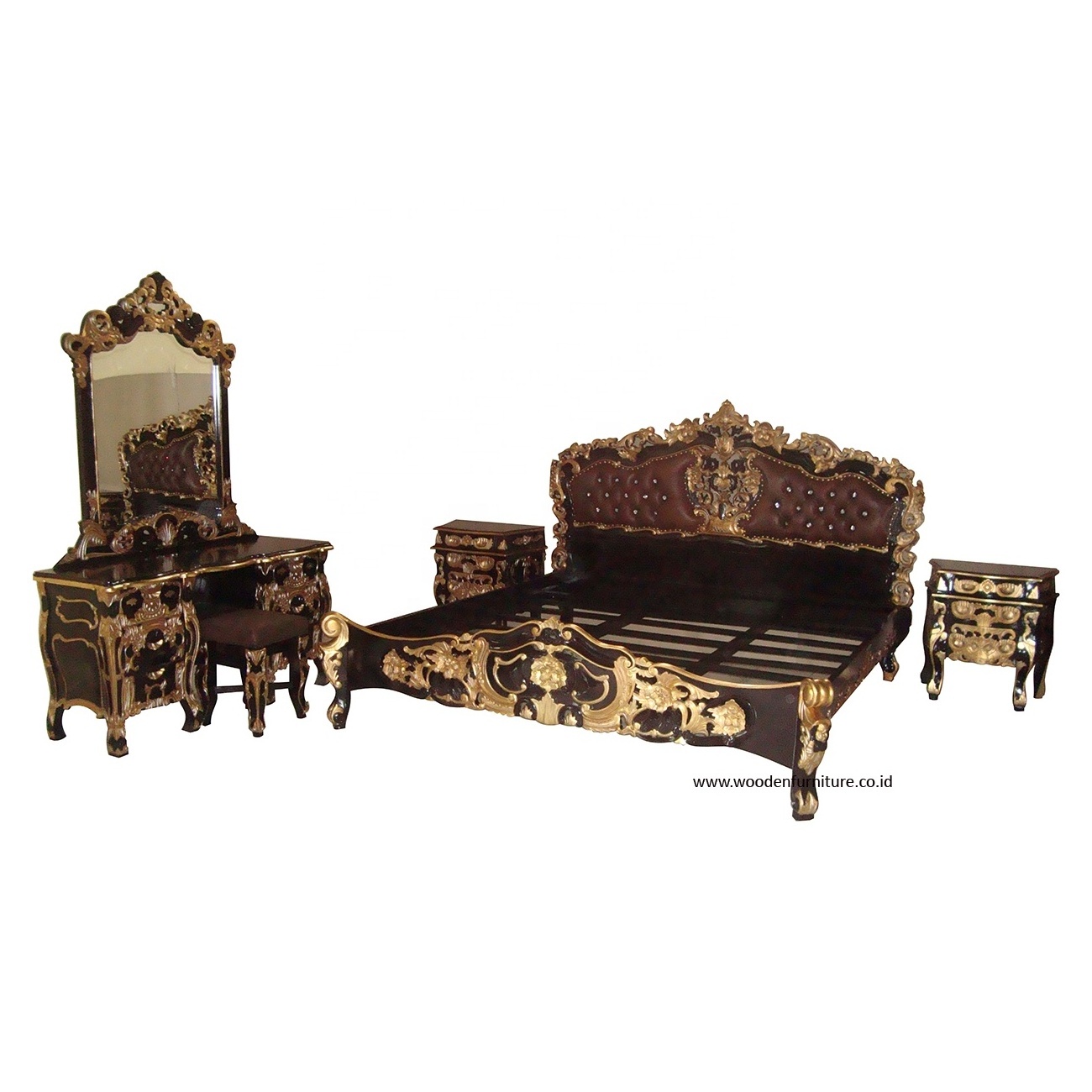 French Style Rococo Bedroom Set Upholstered and Tufted Headboard in Leather Carved in Mahogany Wood Designed For European Home