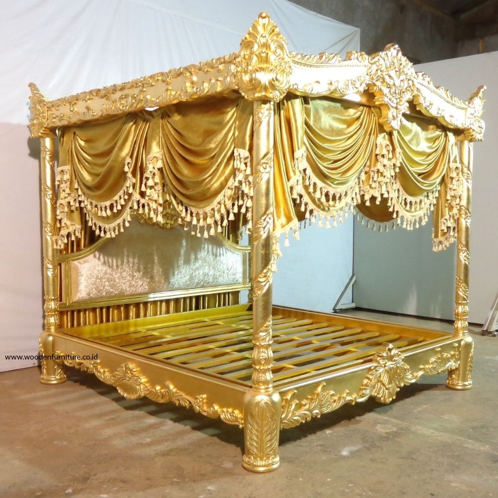 Luxury Gold Leaf Canopy Bed in Mahogany Wood with Full Carving and Curtain Designed for Royal Classic Furniture