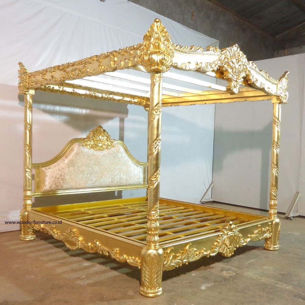 Luxury Gold Leaf Canopy Bed in Mahogany Wood with Full Carving and Curtain Designed for Royal Classic Furniture