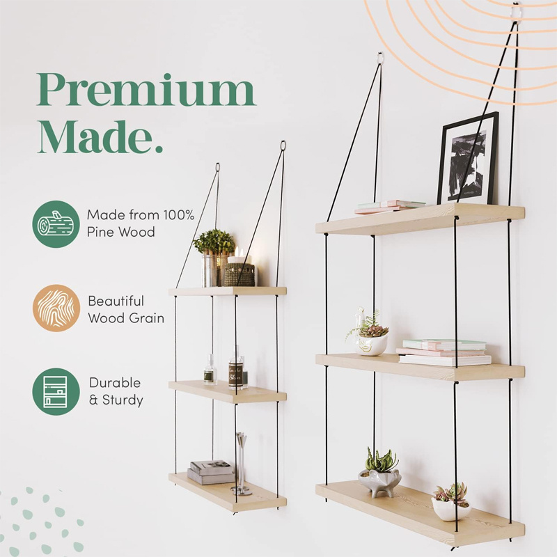 Hanging Shelves for Wall  3 Tier Hanging Plant Shelf Cute Boho Room Decor for Room Rope Farmhouse Wooden Floating Shelves