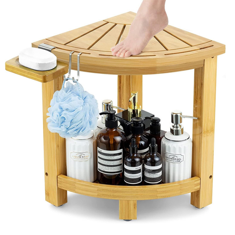 Bamboo Corner Shower Stool  Foot Rest, Waterproof Bath Bench Seat with Storage Shelf and Soap Dish Small Corner Table Step Stool