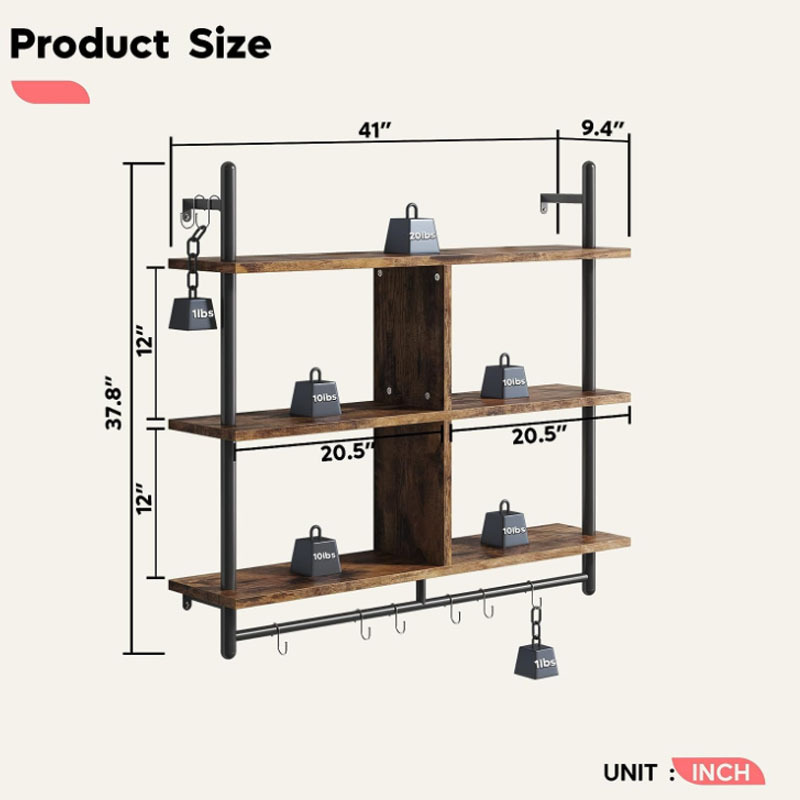 Rustic Brown Rack Kitchen Shelves Wall Mounted 3 Tier 41.5 Ladder Natural Color Solid Wood Floating Pipe Shelving