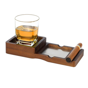 Cigar Ashtray Coaster Whiskey Glass Tray and Cigar Holder, Wooden Ash Tray Slot to Hold Cigar,Rest Accessory Set Gift for Men