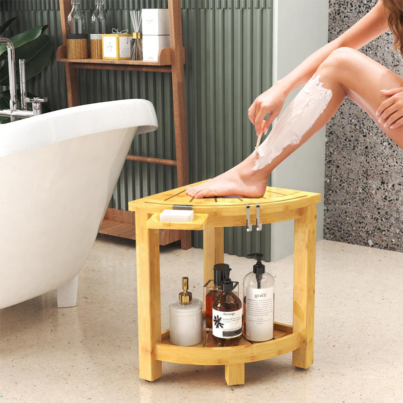 Bamboo Corner Shower Stool  Foot Rest, Waterproof Bath Bench Seat with Storage Shelf and Soap Dish Small Corner Table Step Stool