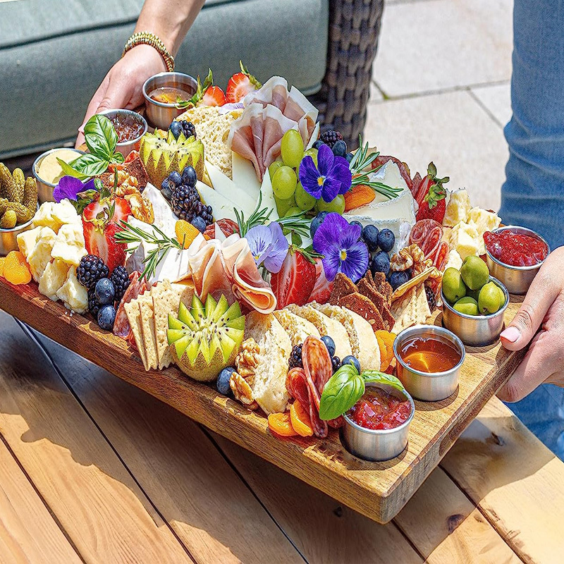 Acacia Wood Cutting Board with 8 Stainless Steel Serving Cups & Silicone Lids  Double Sided Charcuterie & Sauce Serving Board