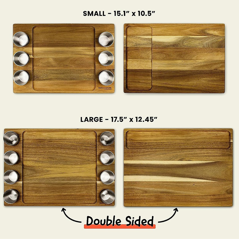 Acacia Wood Cutting Board with 8 Stainless Steel Serving Cups & Silicone Lids  Double Sided Charcuterie & Sauce Serving Board