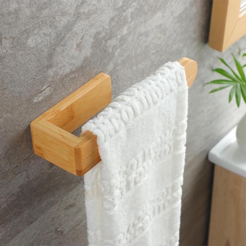 Towel Holder - Self Adhesive Bamboo Towel Rack, Decorative Natural Wooden Towel Rail for Bathroom, 8 Inch Wall Mounted Towel