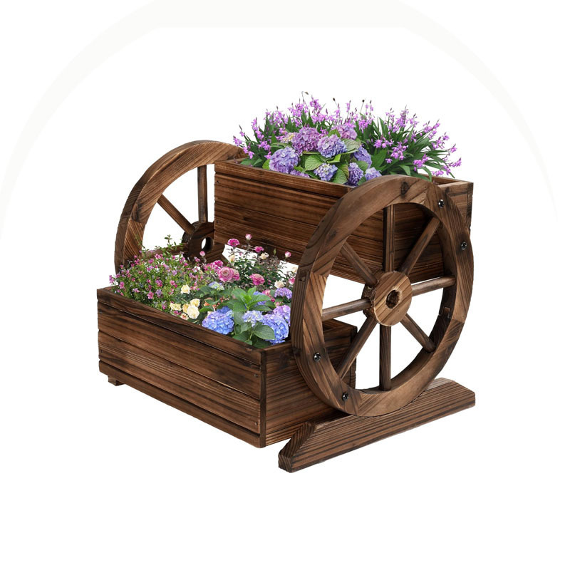 Wooden Wagon Planter Box, Garden Planter with Wheels,Decorative Planter for Flowers Herbs Vegetables for Indoor