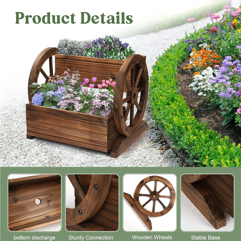 Wooden Wagon Planter Box, Garden Planter with Wheels,Decorative Planter for Flowers Herbs Vegetables for Indoor