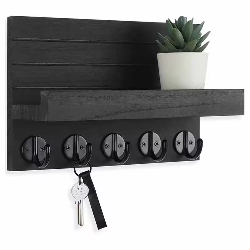 Key Holder for Wall, Decorative Key and Mail Holder with Shelf Has Large Key Hooks for Bags  Coats Paulownia Wood