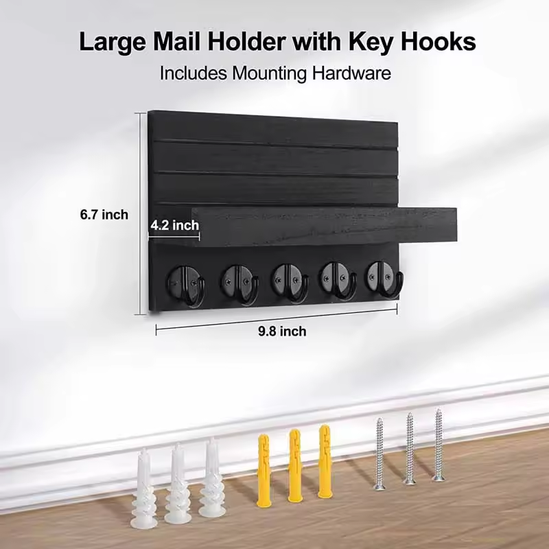 Key Holder for Wall, Decorative Key and Mail Holder with Shelf Has Large Key Hooks for Bags  Coats Paulownia Wood