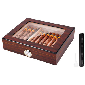 Clear-Top Visible Storage Case for 20-30 Cigars with Humidifier Hygrometer Movable Divider Wooden Desktop Cigar Humidors Box