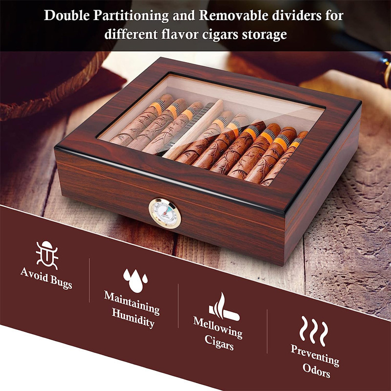 Clear-Top Visible Storage Case for 20-30 Cigars with Humidifier Hygrometer Movable Divider Wooden Desktop Cigar Humidors Box