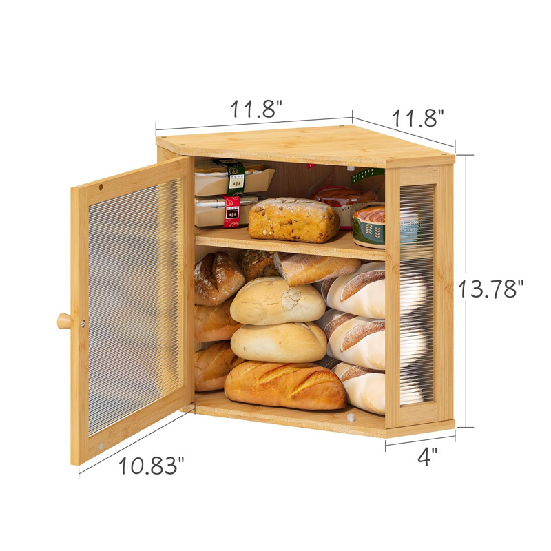 Kitchen Counter Corner Bread Box, Large Bamboo Wood Capacity Bread Storage Bin with Acrylic Wavy Door Panel Bamboo Bread Box