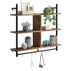 Rustic Brown Rack Kitchen Shelves Wall Mounted 3 Tier 41.5 Ladder Natural Color Solid Wood Floating Pipe Shelving