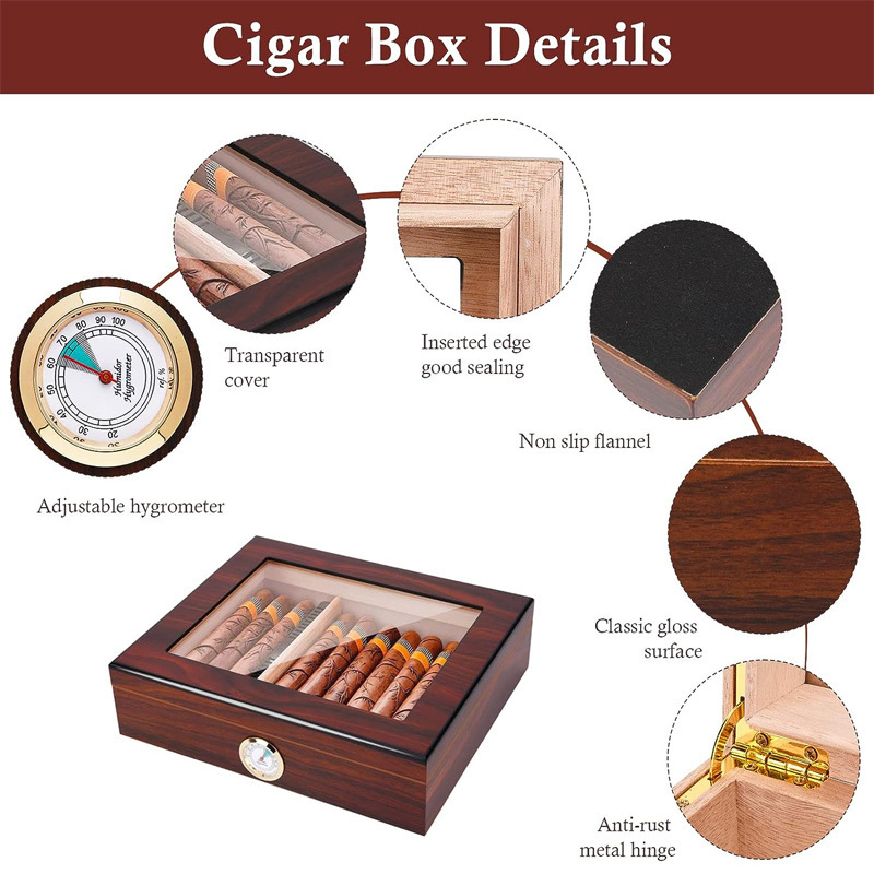 Clear-Top Visible Storage Case for 20-30 Cigars with Humidifier Hygrometer Movable Divider Wooden Desktop Cigar Humidors Box