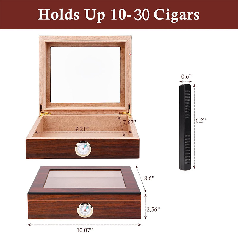 Clear-Top Visible Storage Case for 20-30 Cigars with Humidifier Hygrometer Movable Divider Wooden Desktop Cigar Humidors Box