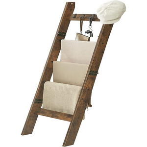 Blanket Ladder Shelf for Living Room, Decorative Wood Quilt Rack with 4 Removable Hooks, 5-Tier Farmhouse Ladder Holder