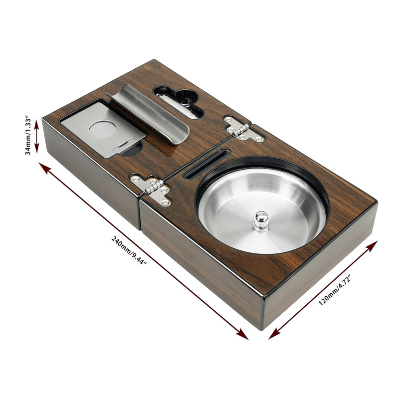 Wooden Cigar Ashtray Set with Cigar Cutter and Punch Foldable Travel Compact Cigar Holder Collection Gift Folding Wooden Ashtray