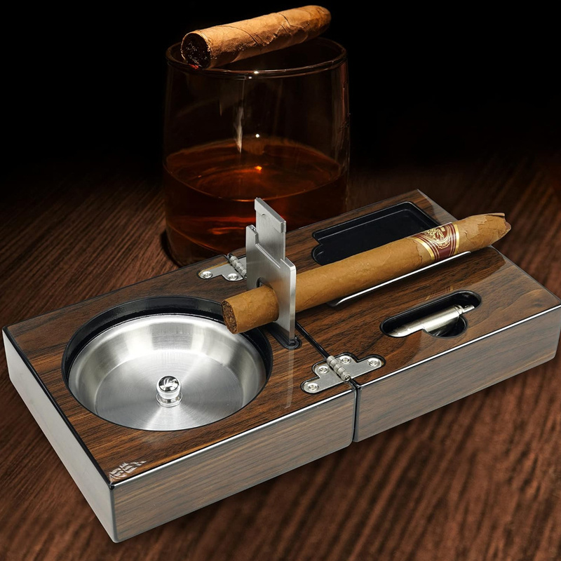 Wooden Cigar Ashtray Set with Cigar Cutter and Punch Foldable Travel Compact Cigar Holder Collection Gift Folding Wooden Ashtray