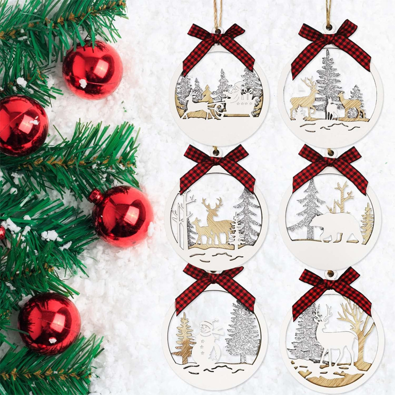 6 Pack Farmhouse Rustic Winter Wonderland Wooden Ornaments with Buffalo Plaid Bows Christmas Ornaments Xmas Tree Decorations