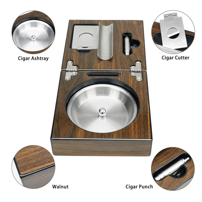 Wooden Cigar Ashtray Set with Cigar Cutter and Punch Foldable Travel Compact Cigar Holder Collection Gift Folding Wooden Ashtray