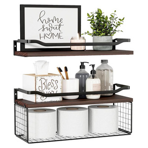 Floating Shelves with Wire Storage Basket, Bathroom Shelves Over Toilet with Protective Metal Guardrail, Wood Wall Shelves