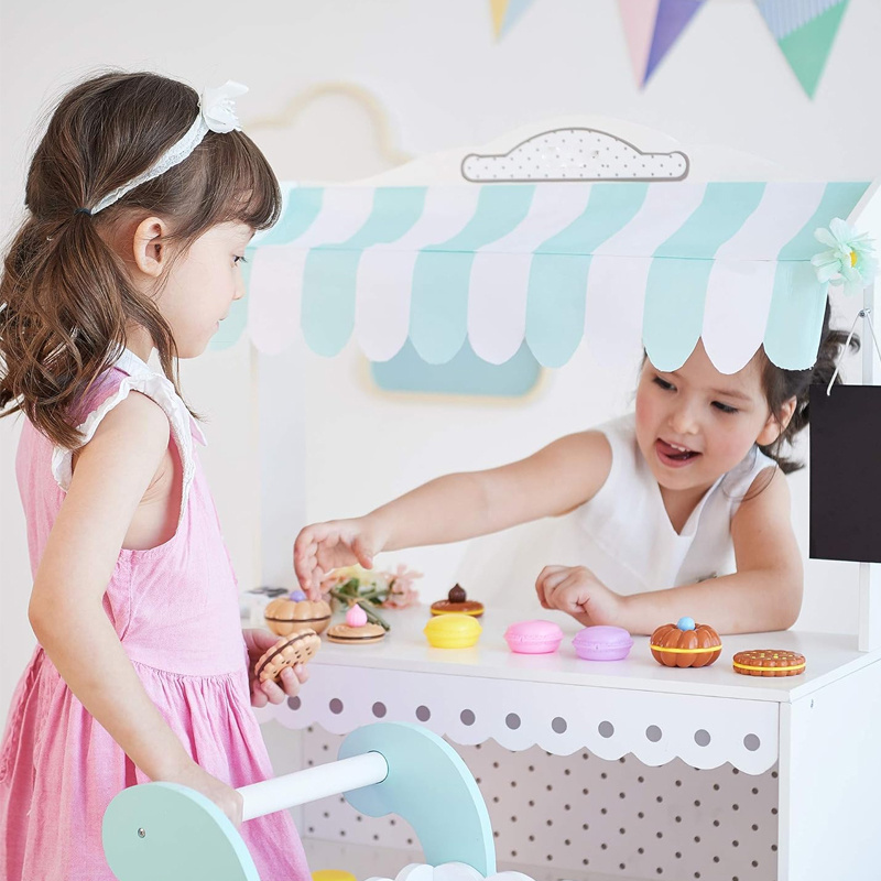 Rolling Pastry Cart Interactive Wooden Play Set with Pretend Baked Goods, White with Dot Accents Dessert Stand Candy Cart