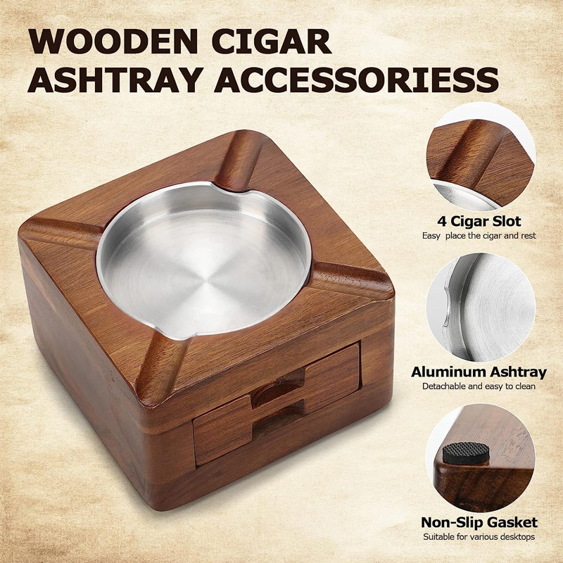 Personalized Cigar Gifts for Men Square 4 Slots Cigar Holder with Accessories Drawer Wooden Cigar Ashtray