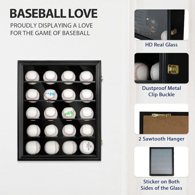 Modern Uv Protected Glass Door Wall Mount Solid Wood Lockable Baseball Shadow Box 20 Balls Baseball Display Case Holder