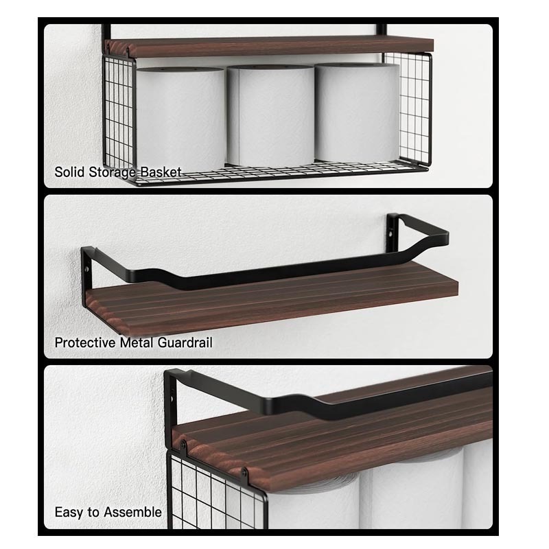 Floating Shelves with Wire Storage Basket, Bathroom Shelves Over Toilet with Protective Metal Guardrail, Wood Wall Shelves