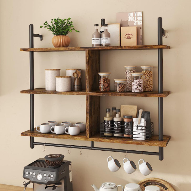 Rustic Brown Rack Kitchen Shelves Wall Mounted 3 Tier 41.5 Ladder Natural Color Solid Wood Floating Pipe Shelving