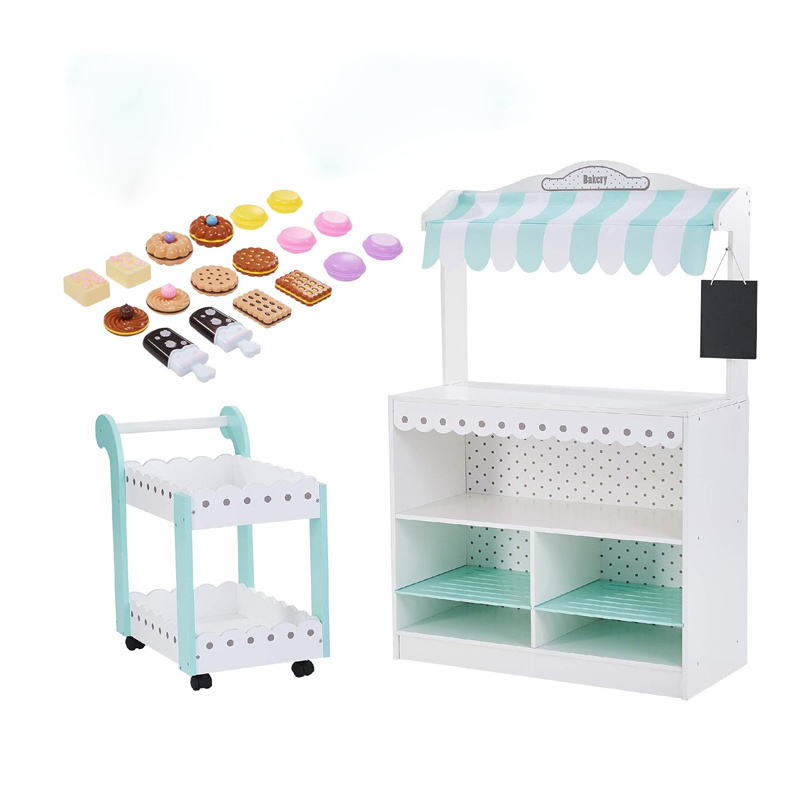 Rolling Pastry Cart Interactive Wooden Play Set with Pretend Baked Goods, White with Dot Accents Dessert Stand Candy Cart