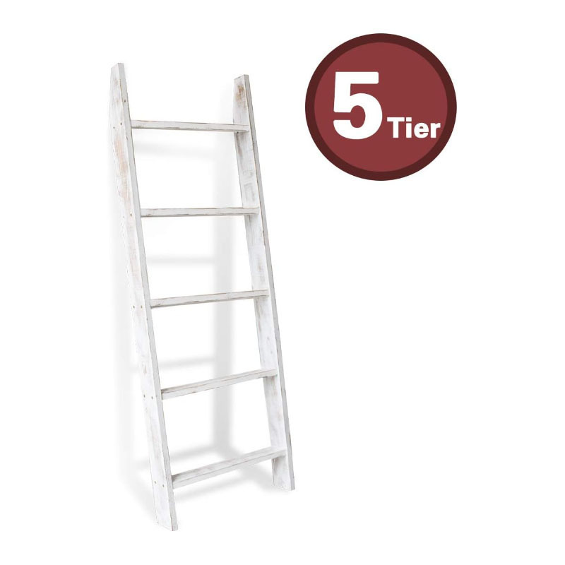 Wholesale Custom Rustic Farmhouse Wall Leaning Holder Rack White Wooden Decorative Blanket Ladder Shelf Stand