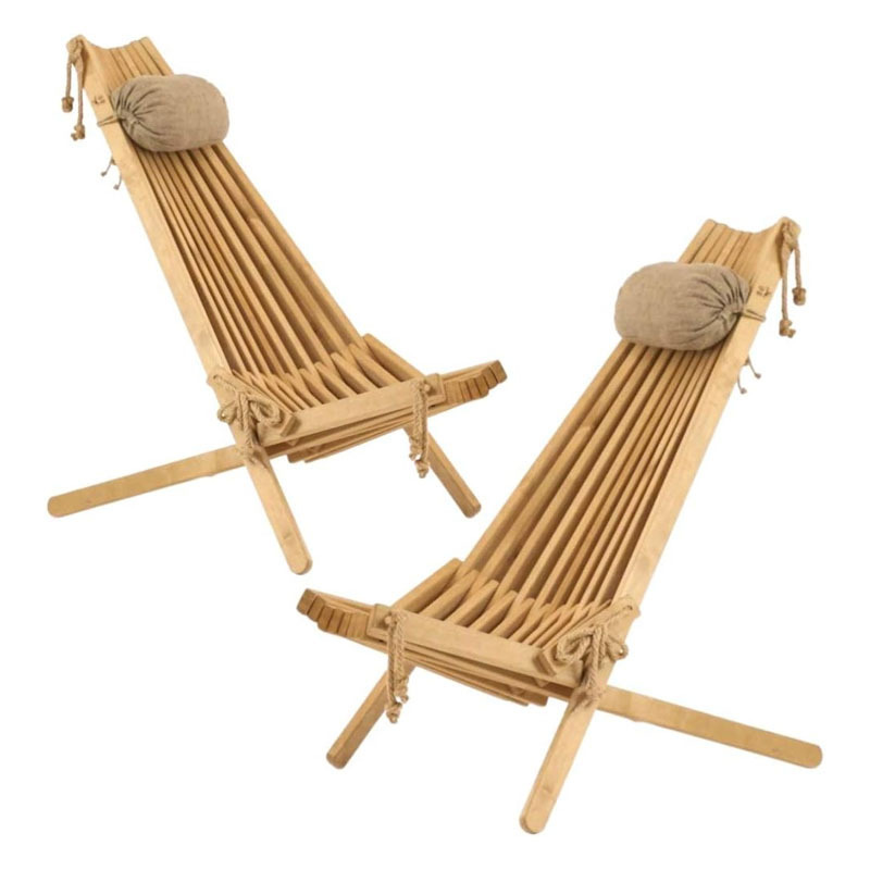 Tamarack Wood Folding Outdoor Patio Chairs - Set of 2 Low Profile Wooden Lounge Furniture for Porch, Deck, Lawn & Garden