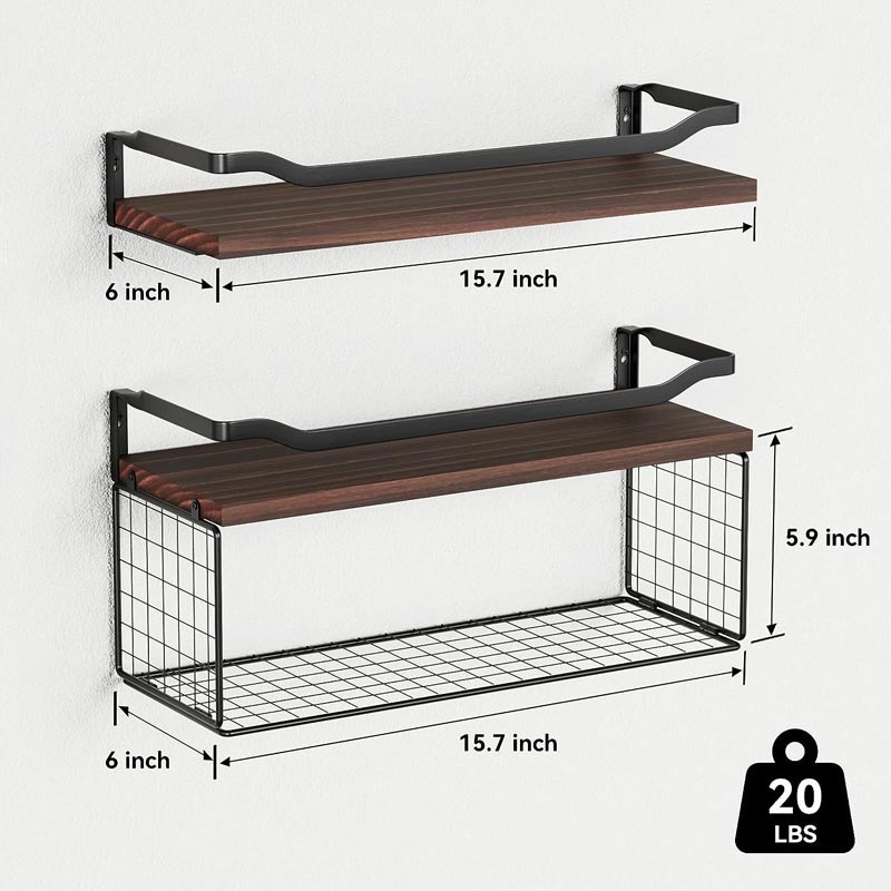 Floating Shelves with Wire Storage Basket, Bathroom Shelves Over Toilet with Protective Metal Guardrail, Wood Wall Shelves