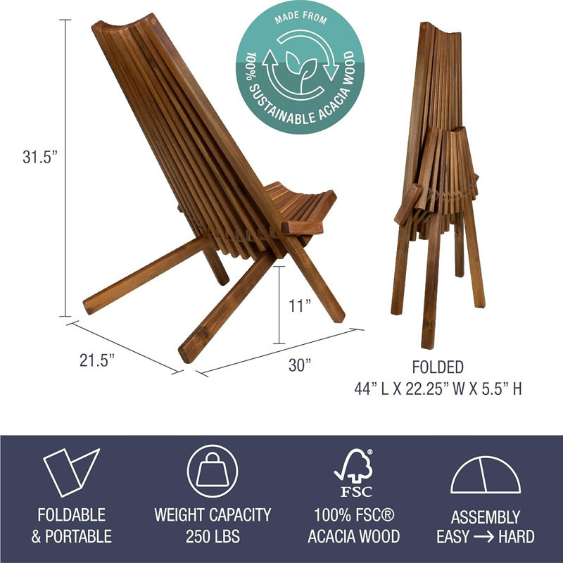 Tamarack Folding Wooden Outdoor Chair -Stylish Low Profile Acacia Wood Lounge Chair for the  Garden Assembly Required Cinnamon