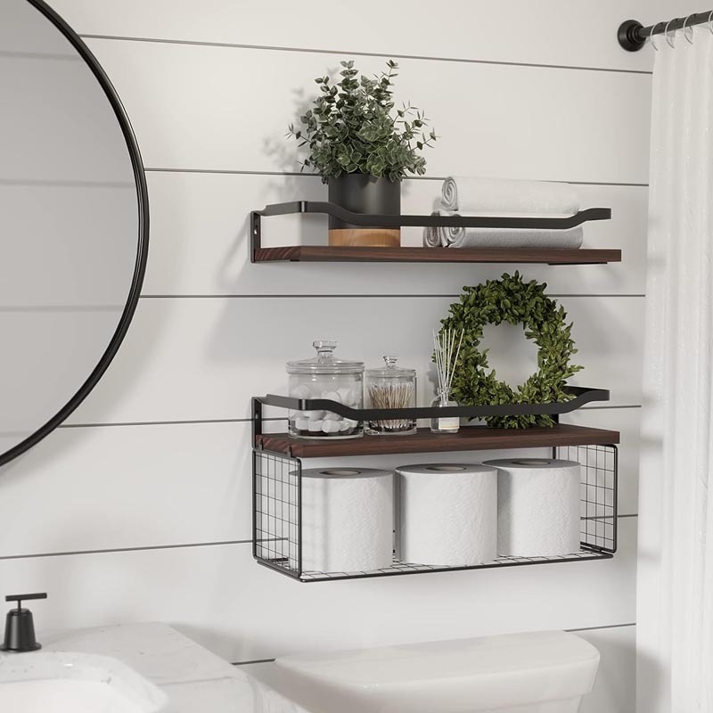 Floating Shelves with Wire Storage Basket, Bathroom Shelves Over Toilet with Protective Metal Guardrail, Wood Wall Shelves