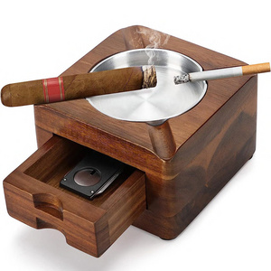 Personalized Cigar Gifts for Men Square 4 Slots Cigar Holder with Accessories Drawer Wooden Cigar Ashtray