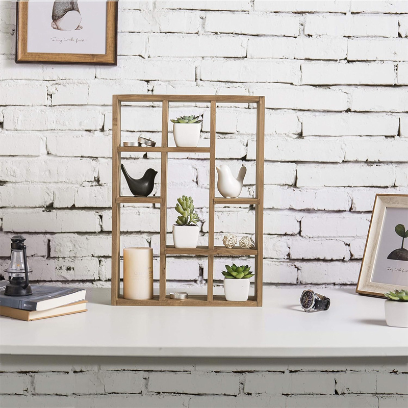 Rustic Brown  Collectibles Display Shelf, Wall Mounted Shelving Unit with 9 Compartment Wood Hanging Shadow Box