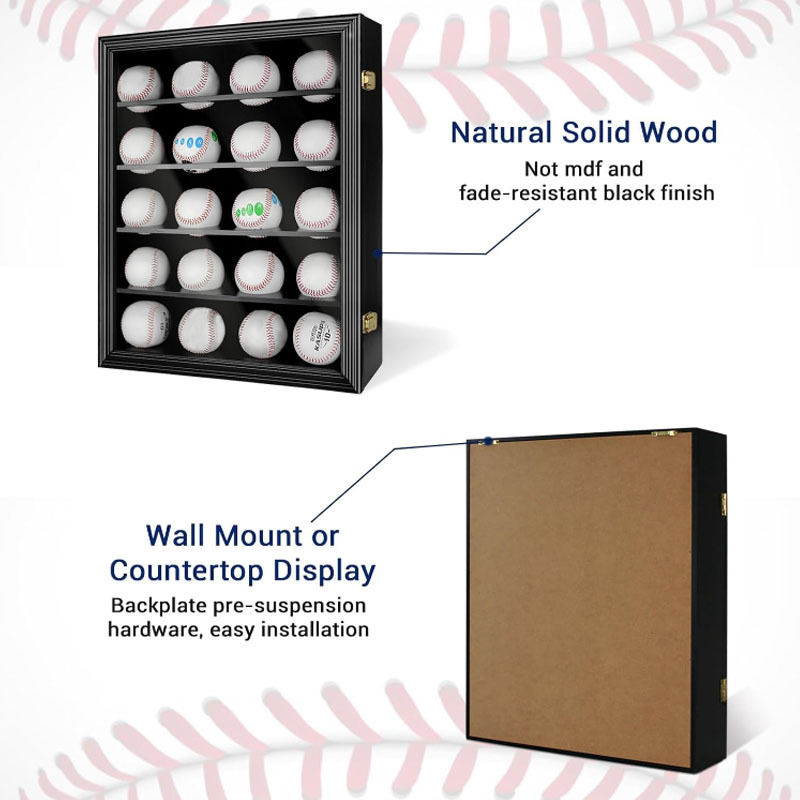 Modern Uv Protected Glass Door Wall Mount Solid Wood Lockable Baseball Shadow Box 20 Balls Baseball Display Case Holder