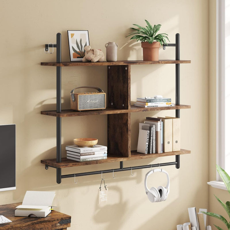 Rustic Brown Rack Kitchen Shelves Wall Mounted 3 Tier 41.5 Ladder Natural Color Solid Wood Floating Pipe Shelving