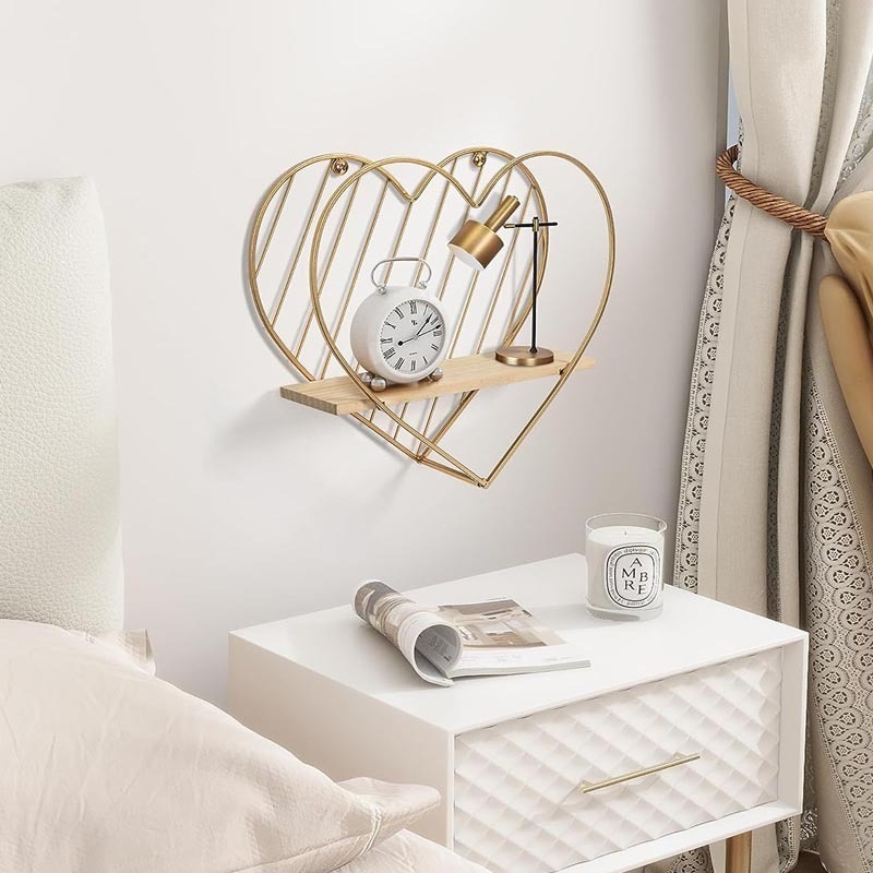 Floating Wall Shelf Metal Gold Heart Floating Shelves Bedside Cute Romantic Modern Wall  Gifts for Nursery Room Kids Children