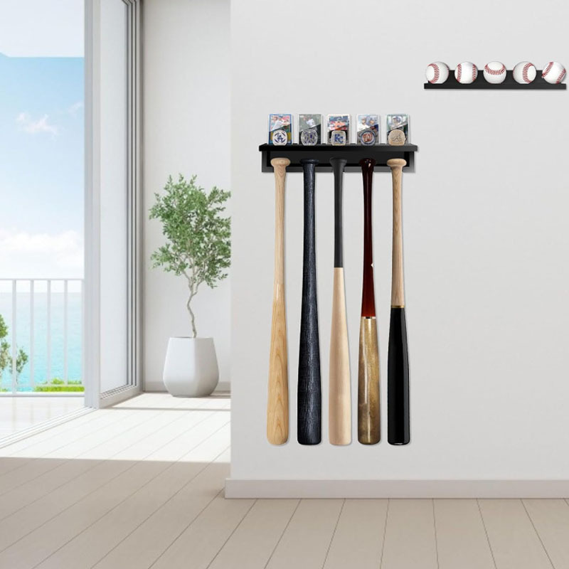 Rustic Black Sport Equipment Storage Organizer Wooden Bat Rack For Wall 5 Bats + 5 Balls Baseball Bat Rack Holder