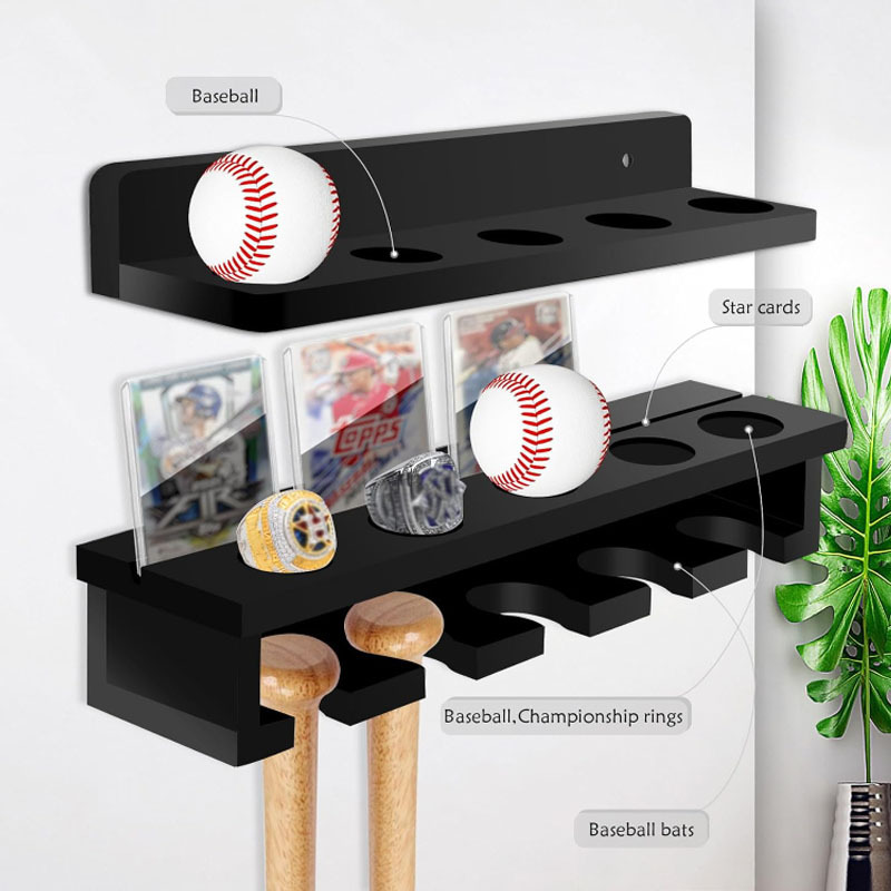 Rustic Black Sport Equipment Storage Organizer Wooden Bat Rack For Wall 5 Bats + 5 Balls Baseball Bat Rack Holder