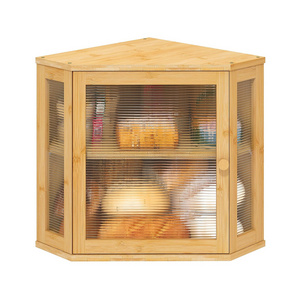 Kitchen Counter Corner Bread Box, Large Bamboo Wood Capacity Bread Storage Bin with Acrylic Wavy Door Panel Bamboo Bread Box