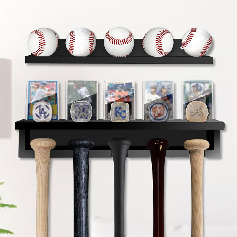 Rustic Black Sport Equipment Storage Organizer Wooden Bat Rack For Wall 5 Bats + 5 Balls Baseball Bat Rack Holder