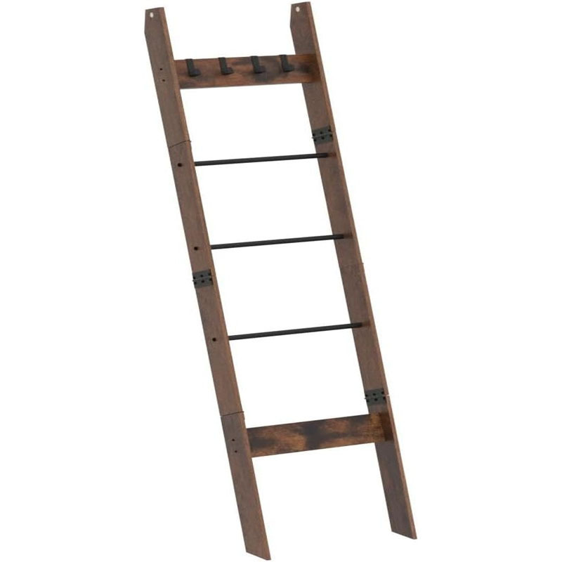 Blanket Ladder Shelf for Living Room, Decorative Wood Quilt Rack with 4 Removable Hooks, 5-Tier Farmhouse Ladder Holder